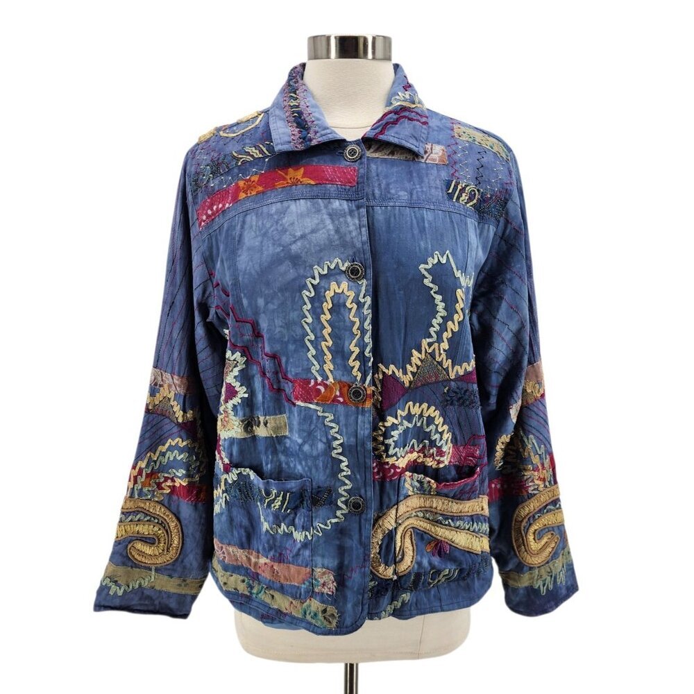 Vintage Norm Thompson Womens Large Jacket Patch Work Embroidered Tie Dye Blue - Picture 12 of 12